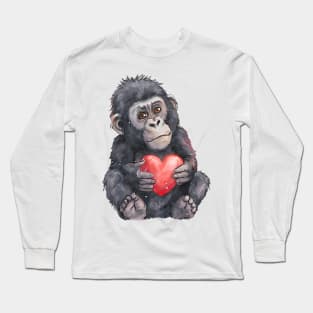 Valentine Mountain Gorilla Holding Heart Long Sleeve T-Shirt